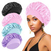 Picture of 4PCS Satin Hair Bonnet for Sleeping,Bonnets for Black Women Men,Silk Bonnet for Sleeping,Hair Wrap Cap for Curly Hair,Elastic Wide Band Hair Bonnet Shower Cap (Black & Blue & Pink & Purple)