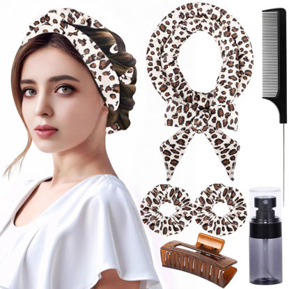 Picture of Hair Curlers to Sleep in No Heat Curling Rod Headband For Long Hair Overnight Heatless Curls For Women velvet Hair Rollers, Bottle, Hair Clips, Scrunchie, Rat-tail Comb (Leopard print)