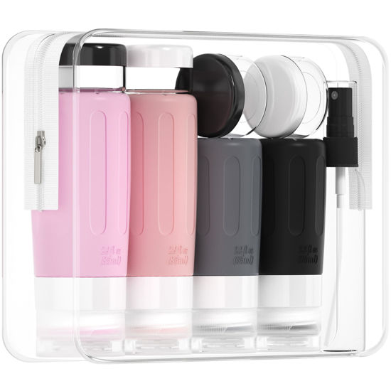 Picture of Morfone 16 Pack Silicone Travel Bottles Set for Toiletries TSA Approved Travel Containers Leakproof Squeezable Refillable Accessories 2oz 3oz for Shampoo Conditioner Lotion Liquids (Black Pink)