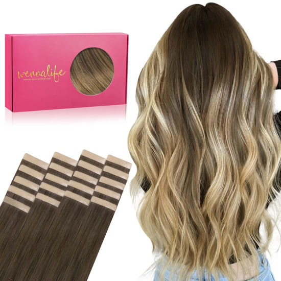 Picture of WENNALIFE Tape in Hair Extensions Human Hair, 20pcs 20 inch 50g Ombre Walnut Brown to Ash Brown and Bleach Blonde Remy Tape Hair Extensions Real Human Hair Tape Extensions Coloured Hair Extensions