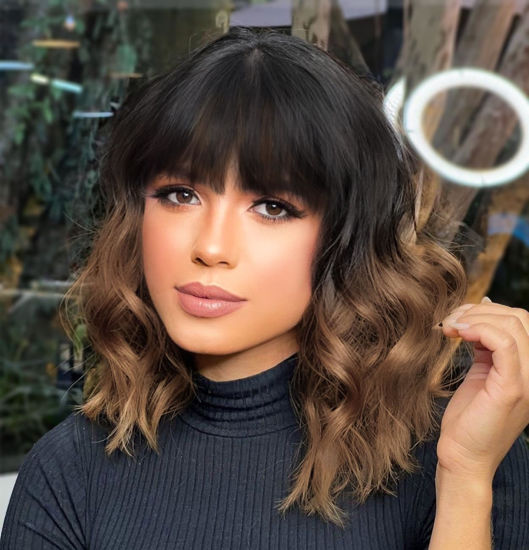 Picture of AISI HAIR Ombre Brown Short Wavy Bob Wigs with Bangs for Women Ombre Brown Wavy Wig Natural Looking Resistant Fiber Synthetic Hair for Daily