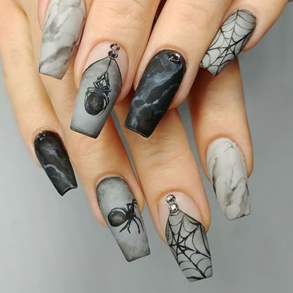 Picture of Halloween Press on Nails Medium Square Fake Nails Artificial False Nails with Black Spider, Spider Web Design Full Cover Acrylic Halloween Nails Glue on Nails for Women