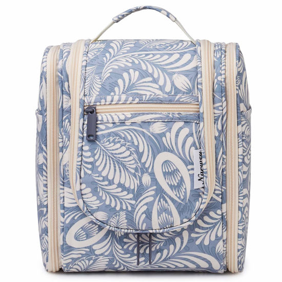 Picture of Narwey Small Hanging Toiletry Bag Women Travel Makeup Bag Organizer Toiletries Bag for Travel Size Essentials Accessories Cosmetics (Medium, Blue Leaf)