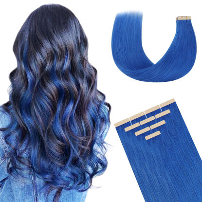 Picture of DOORES Hair Extensions Human Hair Tape in, Blue Tape in Hair Extensions 16 Inch 10pcs 25g, Tape in Human Hair Extensions Straight Hair Invisible Tape