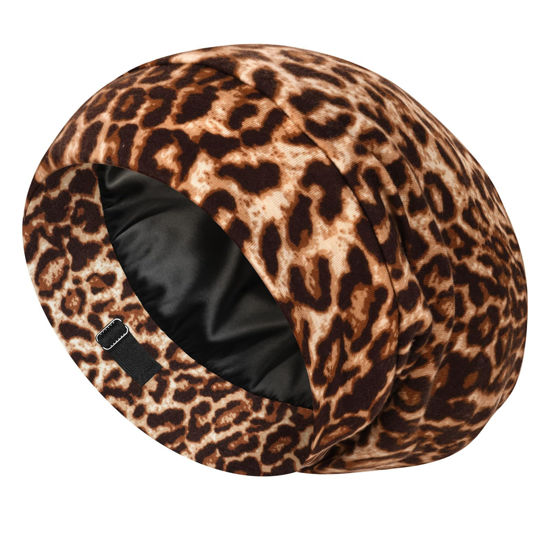 Picture of LULUSILK 100% Mulberry Silk Lined Sleep Cap Silk Bonnet for Sleeping, No More Frizzy Tangled Hair, Stay On All Night Adjustable Silk Hair Wrap for Sleeping, Brown Leopard, Pack of 1