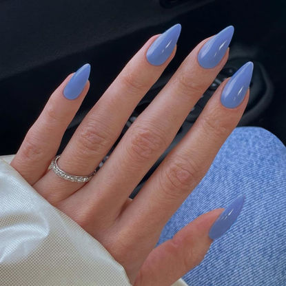Picture of Baby Blue Press on Nails Medium Stiletto Almond,KQueenest Pure Color Acrylic Nails Kit Reusable Fake Nails Feature Protective UV Coating for Women Nail Art Manicure in 24PCS