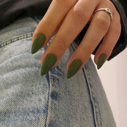 Picture of Olive Green Press on Nails Medium Stiletto Almond,KQueenest Glossy Acrylic Nails Kit Reusable Fake Nails Feature Protective UV Coating for Women Nail Art Manicure in 24PCS