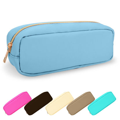 Picture of UIXIZQ Waterproof Small Pencil Case Makeup Bag for Purse,Cute Pencil Pouch Preppy Nylon Makeup Brush Holder with Zipper,Girls Portable Storage Case Small Pen Bag for Office College(Slim-Blue)