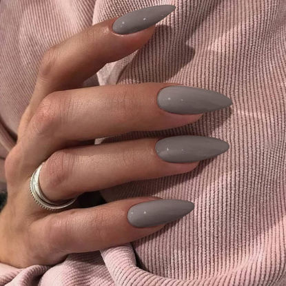 Picture of Gray Press on Nails Medium Stiletto Almond,KQueenest Pure Color Acrylic Nails Kit Reusable Fake Nails with Feature Protective UV Coating for Women Nail Art Manicure in 24PCS