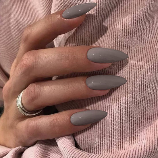 Picture of Gray Press on Nails Medium Stiletto Almond,KQueenest Pure Color Acrylic Nails Kit Reusable Fake Nails with Feature Protective UV Coating for Women Nail Art Manicure in 24PCS