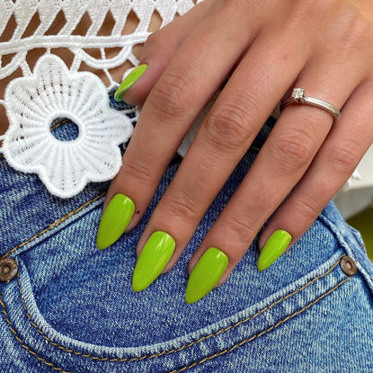 Picture of Light Green Press on Nails Medium Stiletto Almond,KQueenest Glossy Acrylic Nails Kit Reusable Fake Nails Feature Protective UV Coating for Women Nail Art Manicure in 24PCS