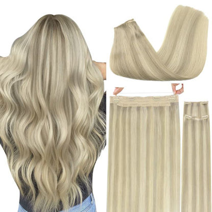 Picture of GOO GOO Wire Hair Extensions Human Hair, 17A/60A Ash Blonde mix Platinum Blonde Highlighted 14inch 105g, Invisible Wire Hair Extensions with Transparent, Seamless Fish Line Hairpiece