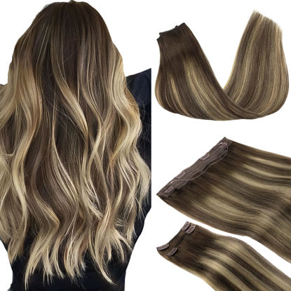 Picture of GOO GOO Wire Hair Extensions Human Hair, 4/26/4 Chocolate Brown with Honey Blonde Balayage 16inch 125g, Invisible Wire Hair Extensions with Transparent, Seamless Fish Line Hairpiece