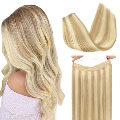 Picture of GOO GOO Wire Hair Extensions Human Hair, 18A/613A Dark Blonde mix Bleach Blonde Highlighted 20inch 110g, Invisible Wire Hair Extensions with Transparent, Seamless Fish Line Hairpiece