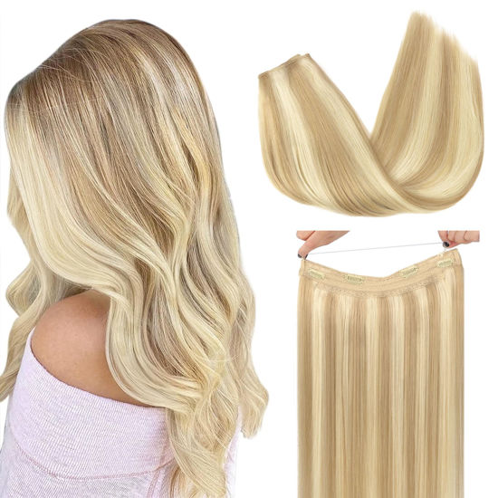 Picture of GOO GOO Wire Hair Extensions Human Hair, 18A/613A Dark Blonde mix Bleach Blonde Highlighted 20inch 110g, Invisible Wire Hair Extensions with Transparent, Seamless Fish Line Hairpiece