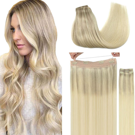 Picture of GOO GOO Wire Hair Extensions Human Hair, 17/22/60 Ash Blonde with Golden Blonde and Platinum Blonde Balayage 12inch 100g, Invisible Wire Hair Extensions with Transparent, Seamless Fish Line Hairpiece