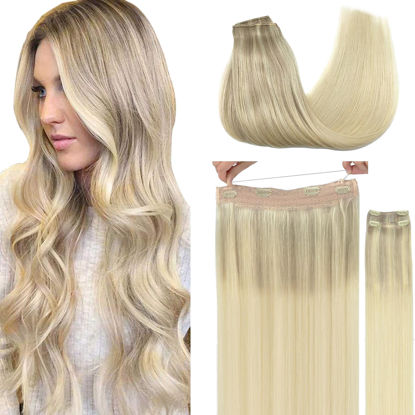 Picture of GOO GOO Wire Hair Extensions Human Hair, 17/22/60 Ash Blonde with Golden Blonde and Platinum Blonde Balayage 20inch 140g, Invisible Wire Hair Extensions with Transparent, Seamless Fish Line Hairpiece