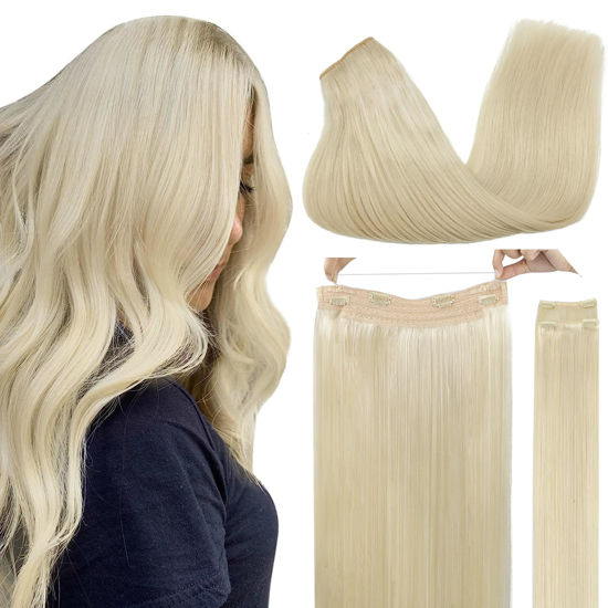 Picture of GOO GOO Wire Hair Extensions Human Hair, 60A Platinum Blonde Natural 14inch 105g, Invisible Wire Hair Extensions with Transparent, Seamless Fish Line Hairpiece