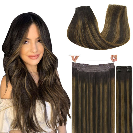 Picture of GOO GOO Wire Hair Extensions Human Hair, 2/6/2 Dark Brown with Chestnut Brown Balayage 12inch 100g, Invisible Wire Hair Extensions with Transparent, Seamless Fish Line Hairpiece