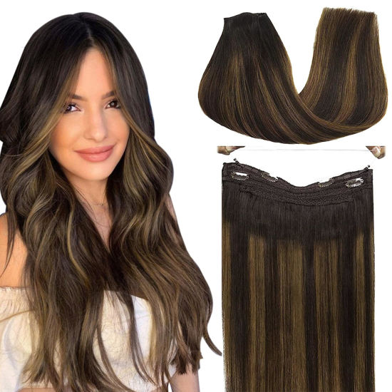 Picture of GOO GOO Wire Hair Extensions Human Hair, 2/6/2 Dark Brown with Chestnut Brown Balayage 22inch 115g, Invisible Wire Hair Extensions with Transparent, Seamless Fish Line Hairpiece