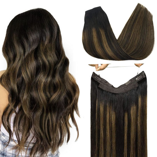 Picture of GOO GOO Wire Hair Extensions Human Hair, 1B/6/1B Natural Black with Chestnut Brown Balayage 22inch 115g, Invisible Wire Hair Extensions with Transparent, Seamless Fish Line Hairpiece