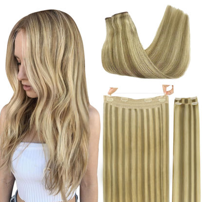 Picture of GOO GOO Wire Hair Extensions Human Hair, 16/22 Light Blondewith mix Golden Blonde Highlighted 16inch 125g, Invisible Wire Hair Extensions with Transparent, Seamless Fish Line Hairpiece