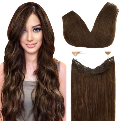 Picture of GOO GOO Wire Hair Extensions Human Hair, 4A Chocolate Brown Natural 14inch 75g, Invisible Wire Hair Extensions with Transparent, Seamless Fish Line Hairpiece
