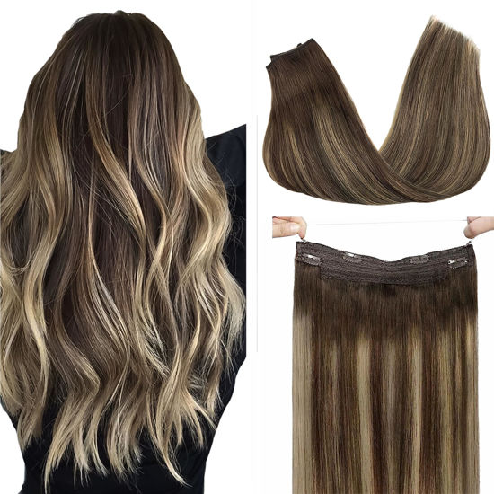 Picture of GOO GOO Wire Hair Extensions Human Hair, 4/26/4 Chocolate Brown with Honey Blonde Balayage 22inch 115g, Invisible Wire Hair Extensions with Transparent, Seamless Fish Line Hairpiece