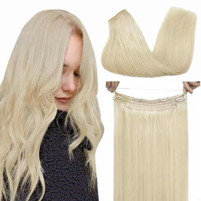 Picture of GOO GOO Wire Hair Extensions Human Hair, 60C Platinum Blonde 16inch 95g, Invisible Wire Hair Extensions with Transparent, Seamless Fish Line Hairpiece