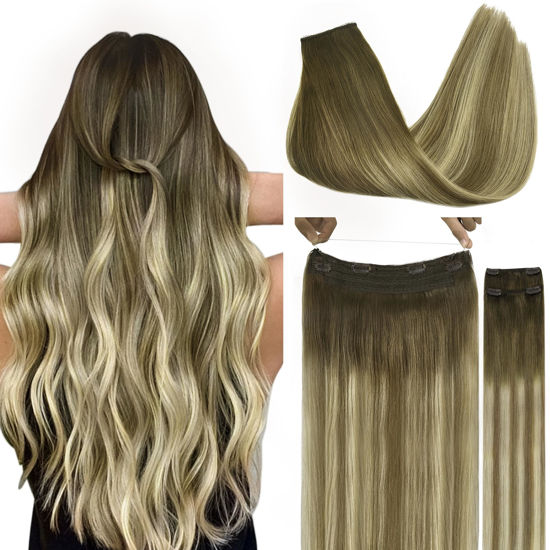 Picture of GOO GOO Wire Hair Extensions Human Hair, 3/8/613 Walnut Brown with Ash Brown and Bleach Blonde Balayage 16inch 125g, Invisible Wire Hair Extensions with Transparent, Seamless Fish Line Hairpiece