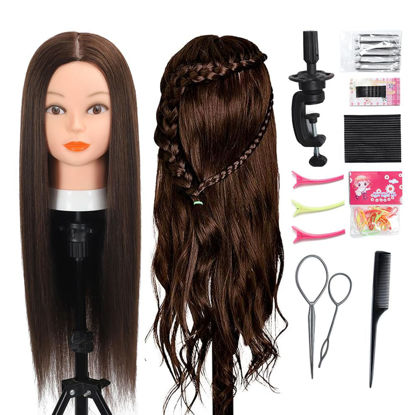 Picture of Opini 26”-28”Mannequin Head 80% Real Hair Manikin Head Cosmetology Doll Head for Styling Mannequin Head Human Hair (#4 Dark Brown)