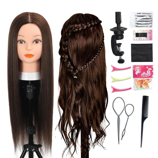 Picture of Opini 26”-28”Mannequin Head 80% Real Hair Manikin Head Cosmetology Doll Head for Styling Mannequin Head Human Hair (#4 Dark Brown)