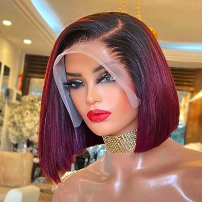Picture of HIRIREMY Ombre 99J Burgundy Lace Front Bob Wigs Human Hair 13x4 HD Lace Frontal Wigs Glueless Short Straight Bob Wigs for Black Women Human Hair Pre Plucked Natural Hairline 1B/99J 12 Inch