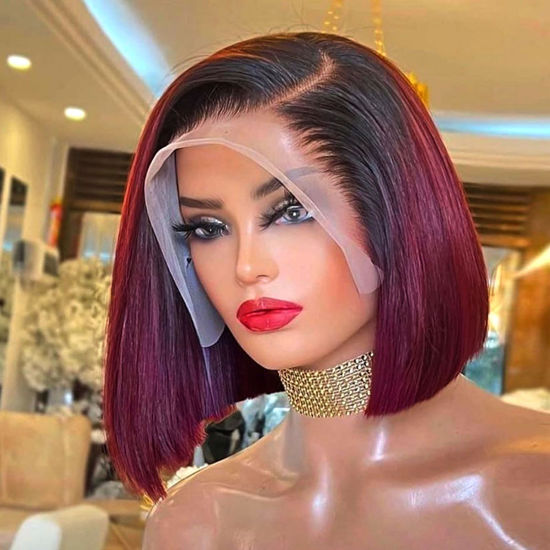 Picture of HIRIREMY Ombre 99J Burgundy Lace Front Bob Wigs Human Hair 13x4 HD Lace Frontal Wigs Glueless Short Straight Bob Wigs for Black Women Human Hair Pre Plucked Natural Hairline 1B/99J 12 Inch