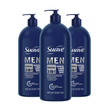 Picture of Suave Men Shampoo Conditioner Bodywash 3 in 1 Charcoal &Warm Ginger to Cleanse and Nourish Hair and Skin, 40 oz Pack of 3