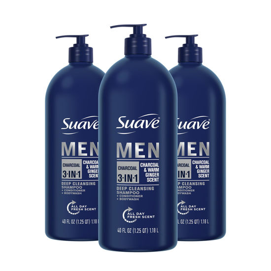 Picture of Suave Men Shampoo Conditioner Bodywash 3 in 1 Charcoal &Warm Ginger to Cleanse and Nourish Hair and Skin, 40 oz Pack of 3