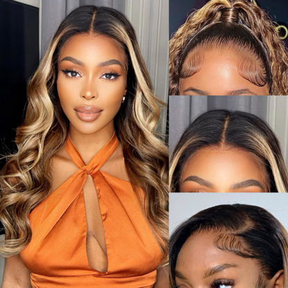 Picture of Aaliweya Highlight Ombre 360 Body Wave Lace Front Wigs Human Hair 360 Body Wave HD Transparent Full Lace Frontal Wigs for Women with 180% Density Glueless Honey Blonde And Natural Black Wig 24 inch