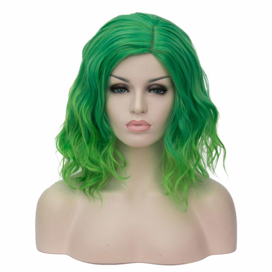 Picture of Cying Lin Short Bob Wavy Curly Wig Ombre Green Wig For Women Cosplay Halloween Wigs Heat Resistant Bob Party Wig Include Wig Cap (Ombre Green)