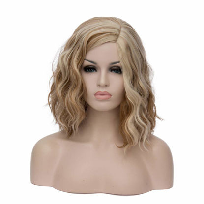 Picture of Cying Lin Short Bob Wavy Curly Wig Brown Mixed Blonde Wig For Women Cosplay Halloween Wigs Heat Resistant Bob Party Wig Include Wig Cap (Brown Mixed Blonde)