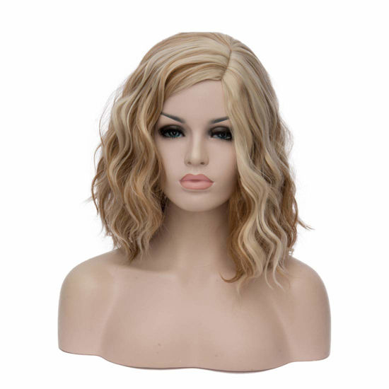 Picture of Cying Lin Short Bob Wavy Curly Wig Brown Mixed Blonde Wig For Women Cosplay Halloween Wigs Heat Resistant Bob Party Wig Include Wig Cap (Brown Mixed Blonde)