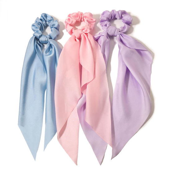 Picture of 3PCS Hair Scarf Scruncheis for Women Knotted Bow Hair Ties Elastic Bands Satin Hair Ribbon Scrunchy Red Ponytail Holder for Women and Girls (Blue Lilac Pink)