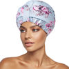 Picture of INNELO Luxury Shower Cap for Women Reusable Waterproof, Double Layered Shower Hair Cap with Adjustable Elastic Strap, Large Satin Lined Shower Bath Cap for Long Curly Straight Hair, Blue-Flower