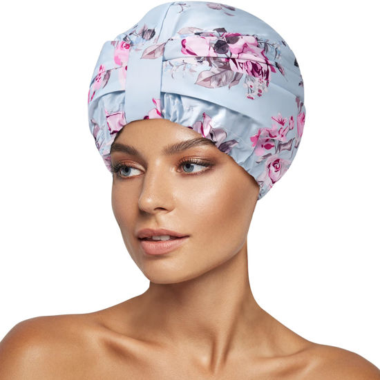 Picture of INNELO Luxury Shower Cap for Women Reusable Waterproof, Double Layered Shower Hair Cap with Adjustable Elastic Strap, Large Satin Lined Shower Bath Cap for Long Curly Straight Hair, Blue-Flower