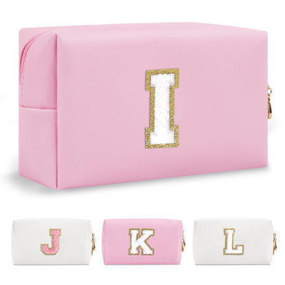 Picture of Personalized Initial A-Z Preppy Patch Makeup Bag,Small PU Chenille Letter Cosmetic Bag with Zipper for Teen Girls,Pink Cute Toiletry Organizer Bag,Monogram Makeup Case Gift for Women Girls,Letter I