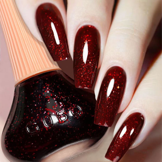 Picture of COSMOO Wine Red Glitter Nail Polish, 12ml Wine Red Quick Dry Nail Lacquer for Nail Art Varnish, 0.41 fl oz