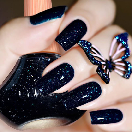 Picture of COSMOO Midnight Blue Glitter Nail Polish, 12ml Glitter Midnight Blue Quick Dry Nail Lacquer for Nail Art Varnish, 0.41 fl oz