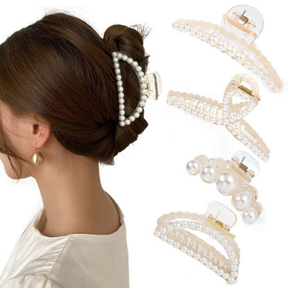 Picture of Mehayi 4 PCS Large Pearl Hair Claw Clips for Women Girls, Hair Barrette Clamps for Thick Thin Hair, Fashion Hair Accessories Headwear Styling Tools for Party Wedding