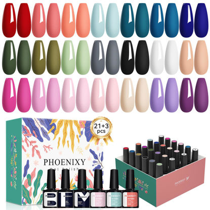 Picture of PHOENIXY 24 PCS Gel Nail Polish Set, Spring 21 Colors Gel Nail Polish Kit with Base Glossy Matte Top Coat Black Gray Red Nail Polish Set Nail Kit Gifts for Women