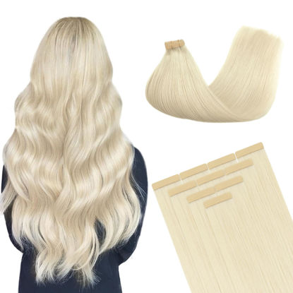 Picture of DOORES Tape in Hair Extensions Human Hair, Platinum Blonde 26 Inch 10pcs 30g, Human Hair Extensions Tape in Real Hair Skin Weft Hair Extensions Straight Double Side Tape