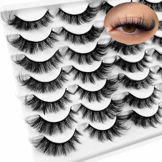Picture of Yasnai Cat Eye Lashes False Eyelashes Fluffy Volume 18mm Strip Lashes Wispy Fake Lashes Natural Eyelashes 14 Pairs Pack 9D
